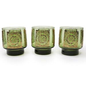 VINTAGE Libbey Elcyda Glasses SET of 3 Green Gold MCM Rocks Barware Old Fashione